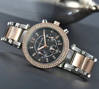 Michael Kors Two-Tone Strap Chronograph Women's Watch Black Dial Diamond Case MK-0125
