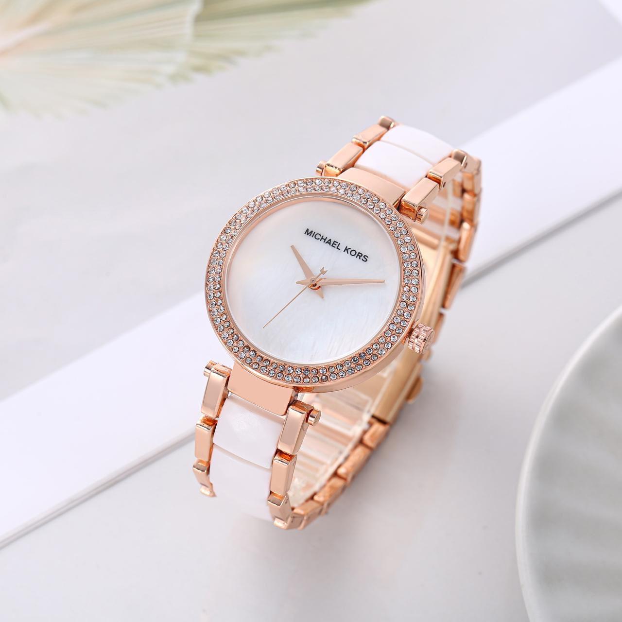 Michael Kors Parker Two-Tone Strap Chronograph Women's Watch White Dial Diamond Case MK-0131