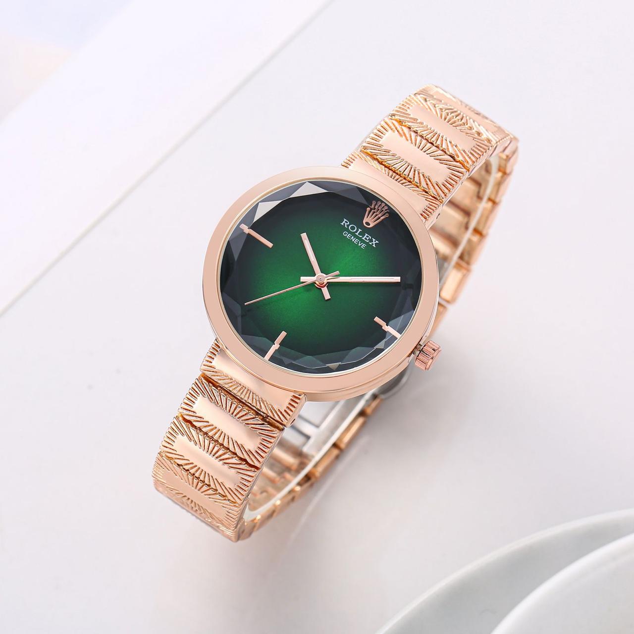 Women's Acnos Chronograph Green Dial Rose Gold Strap Watch For Women RLX-2408