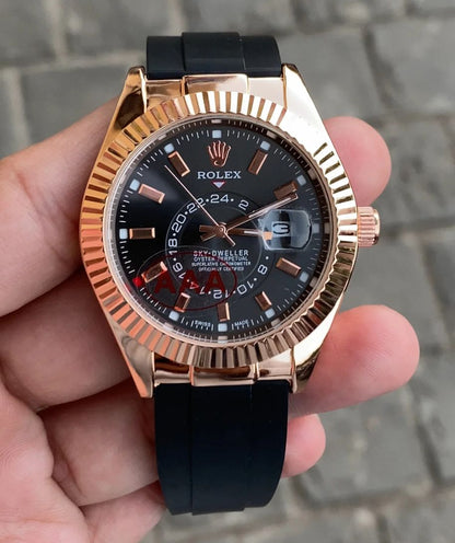RLX Sky-Dweller Oysterflex RoseGold Color Black Strap Chronograph Men's Watch, Quartz Movement RLX-1239
