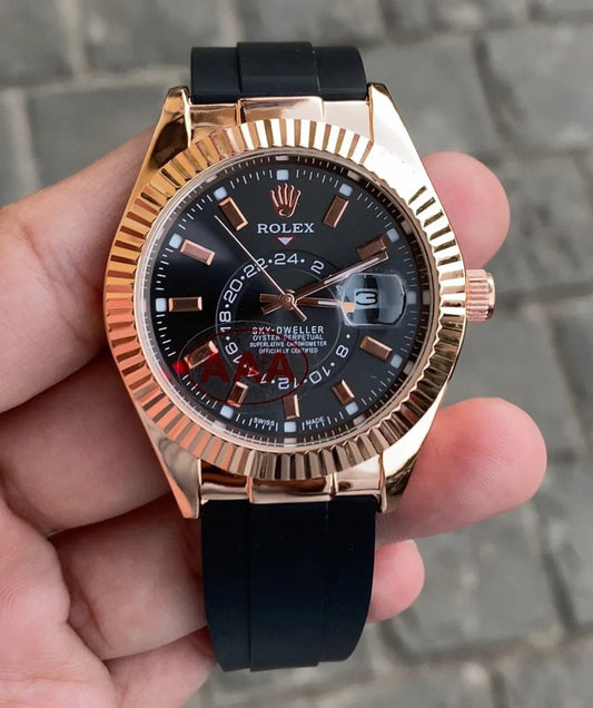RLX Sky-Dweller Oysterflex RoseGold Color Black Strap Chronograph Men's Watch, Quartz Movement RLX-1239