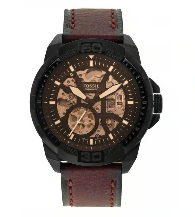Fossil Automatic In Black & Transparent Case With Dark Brown Color Strap Watch For Men's Watch ME-3219 Formal Casual Metal Watch For Man