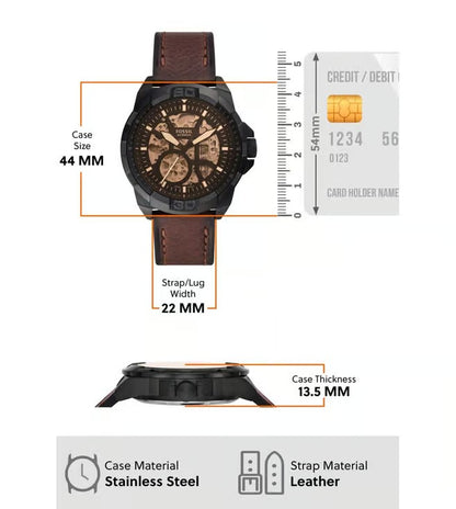 Fossil Automatic In Black & Transparent Case With Dark Brown Color Strap Watch For Men's Watch ME-3219 Formal Casual Metal Watch For Man