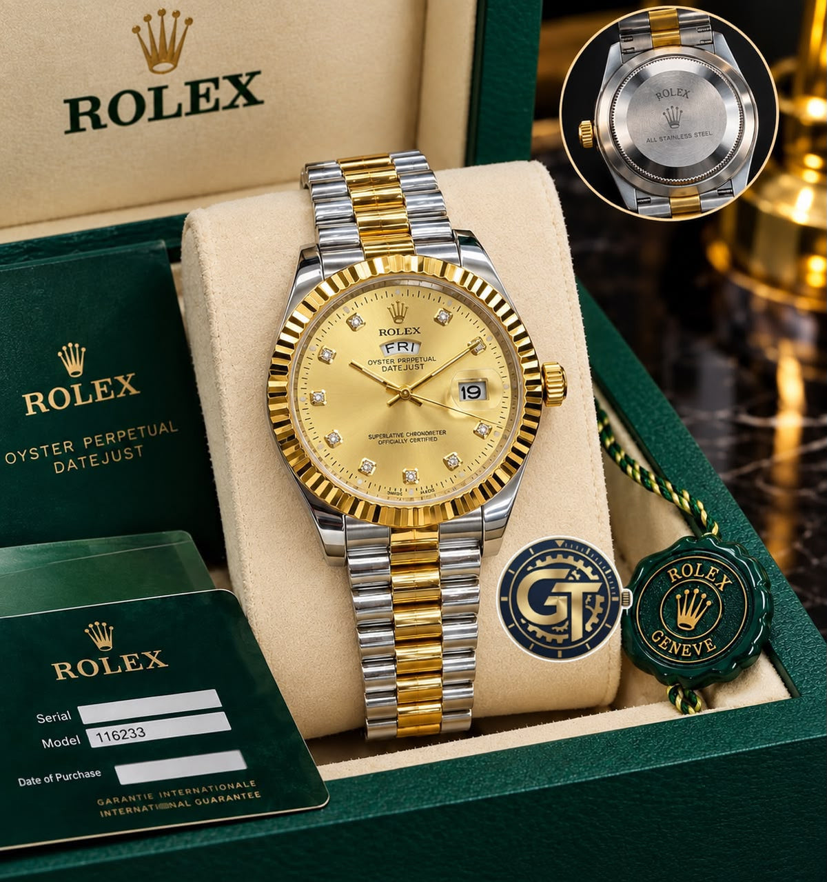 Rolex Day-Date Multi-Toned Gold Dial Quartz Watch with Diamond-style hour markers-RLX-2552