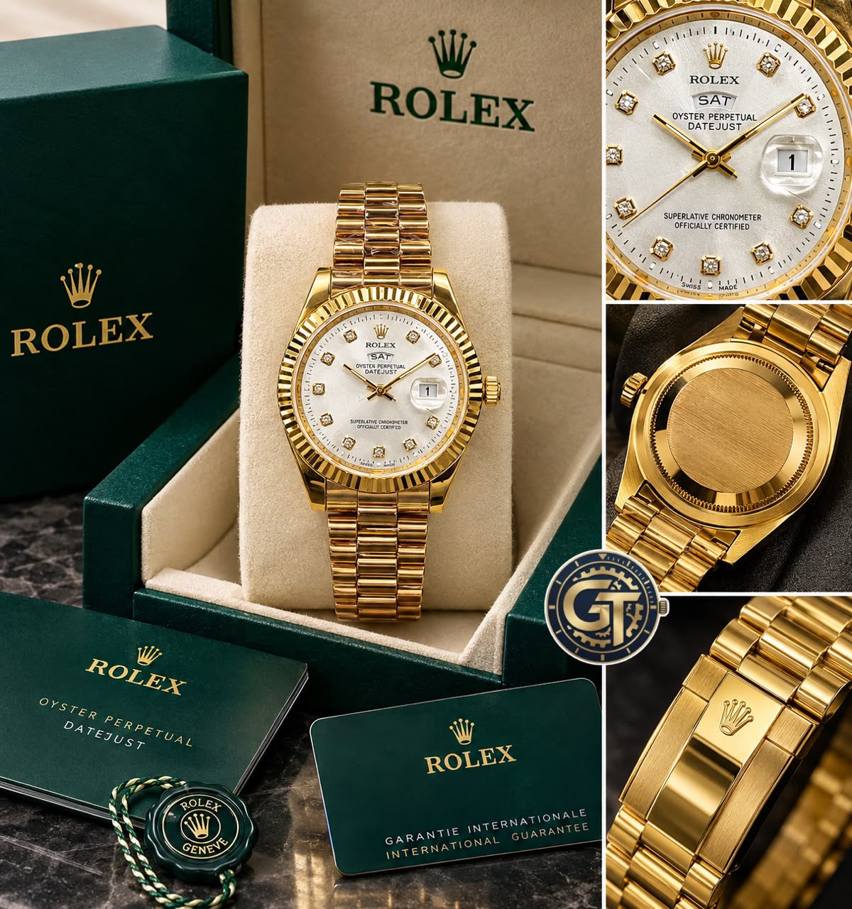 Rolex Day-Date Gold-Toned White Dial Quartz Watch with Diamond-style hour markers-RLX-2551