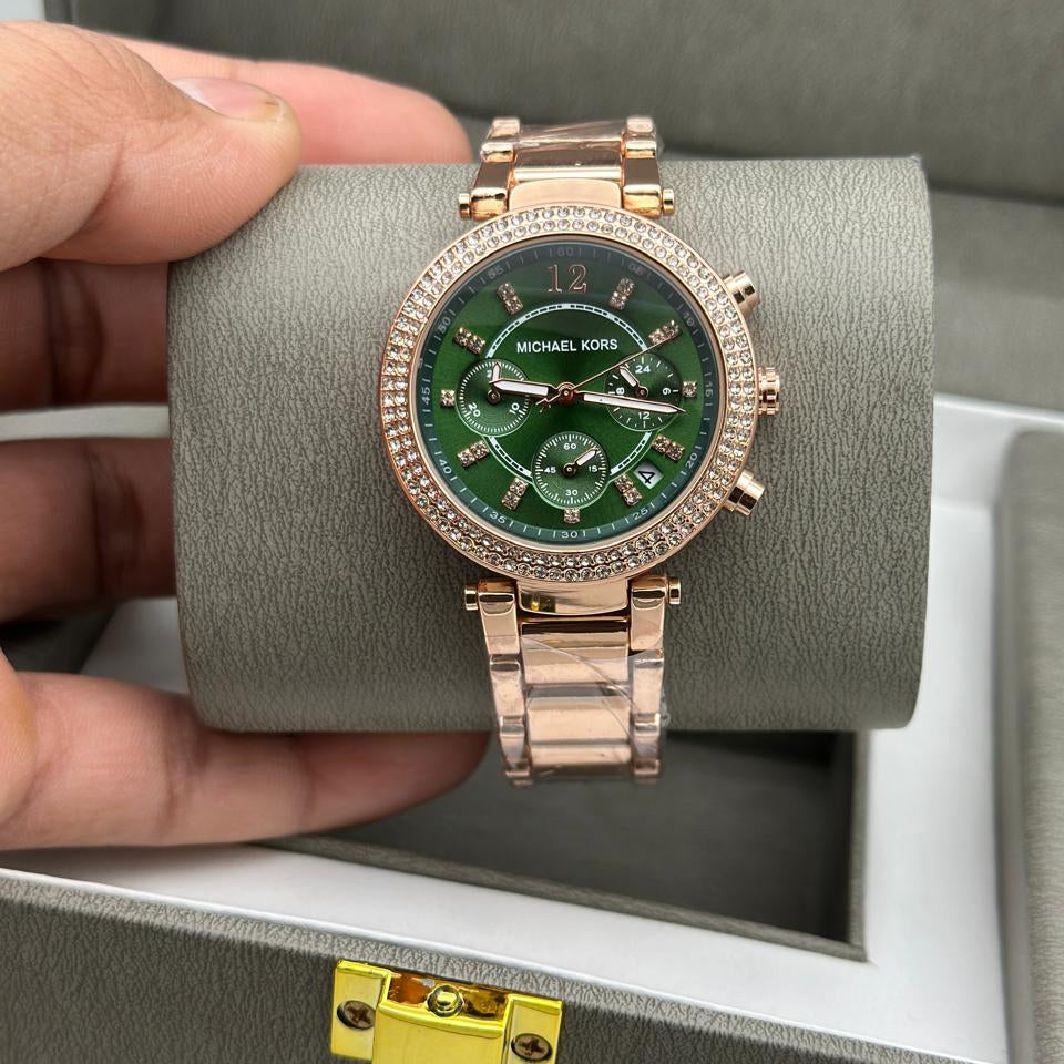 Michael Kors Two-Tone Strap Chronograph Women's Watch Green Dial Diamond Case MK-0127