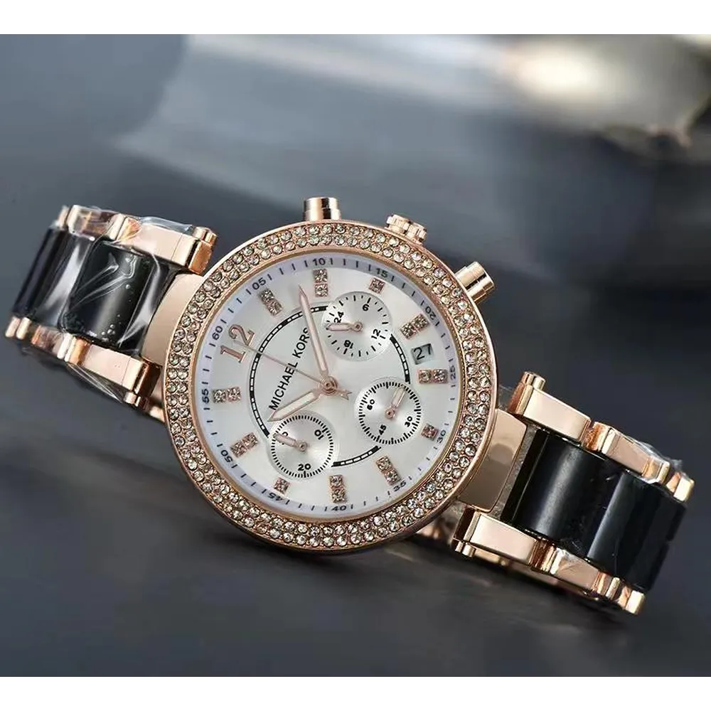 Michael Kors Two-Tone Strap Chronograph Women's  Watch White Dial Diamond Case MK-0123