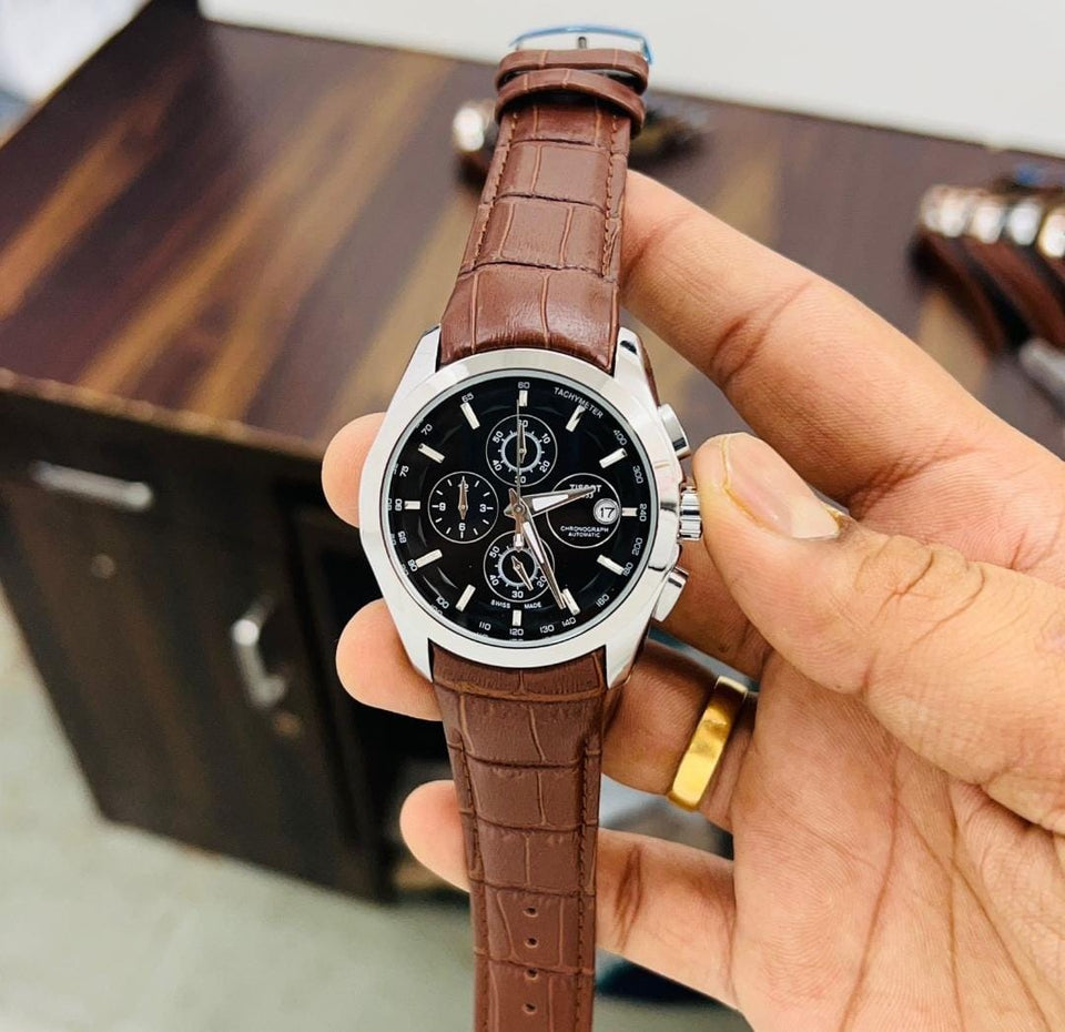 Tissot TS-3833 Chronograph Brown Leather Mens Watch for Man Black Date Display Best Gift for Man