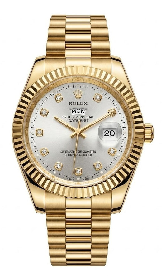 Rolex Day-Date Gold-Toned White Dial Quartz Watch with Diamond-style hour markers-RLX-2551