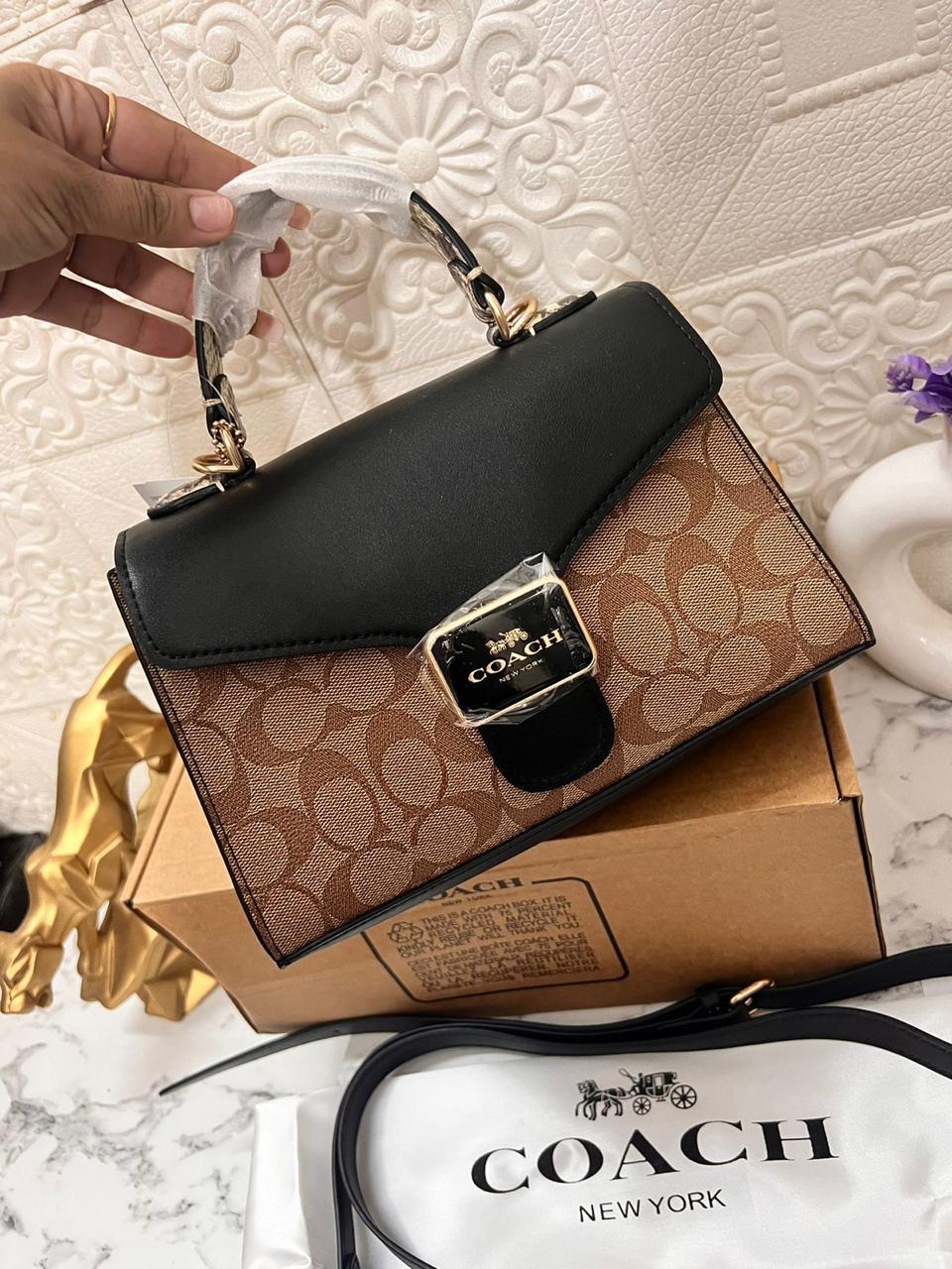 Coach New Black-Brown Printed Leather Satchel Stylist Daily Use Hand-B ...