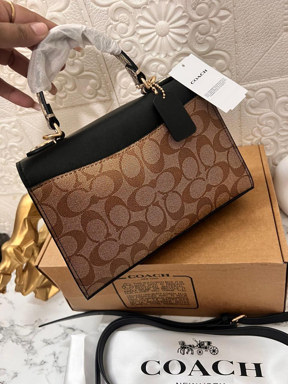 Coach New Black-Brown Printed Leather Satchel Stylist Daily Use Hand-Bag CO-4442-WBG