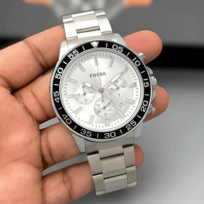 Fossil Analog White & Black Dial & Silver Strap Men's Watch FS-2544