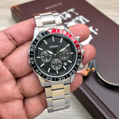 Fossil Analog Dual-Color Black Red Dial & Silver Strap Men's Watch FS-2543