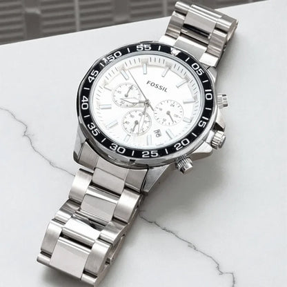 Fossil Analog White & Black Dial & Silver Strap Men's Watch FS-2544