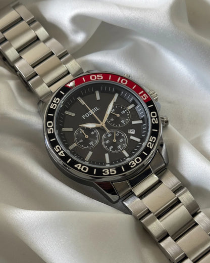 Fossil Analog Dual-Color Black Red Dial & Silver Strap Men's Watch FS-2543