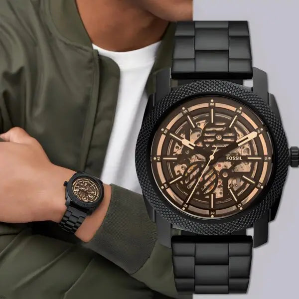 Fossil Machine Automatic Skeleton Dial Black Strap Men's Watch Formal Casual -FS-05024