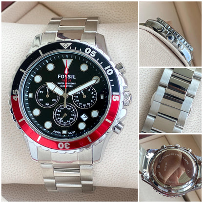 Fossil Analog Dual-Color Black Red Dial & Silver Strap Men's Watch FS-2543