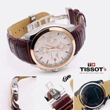 Tissot TS_384L Chronograph Brown Leather Mens Watch for Man White Date Display Best Gift for Man