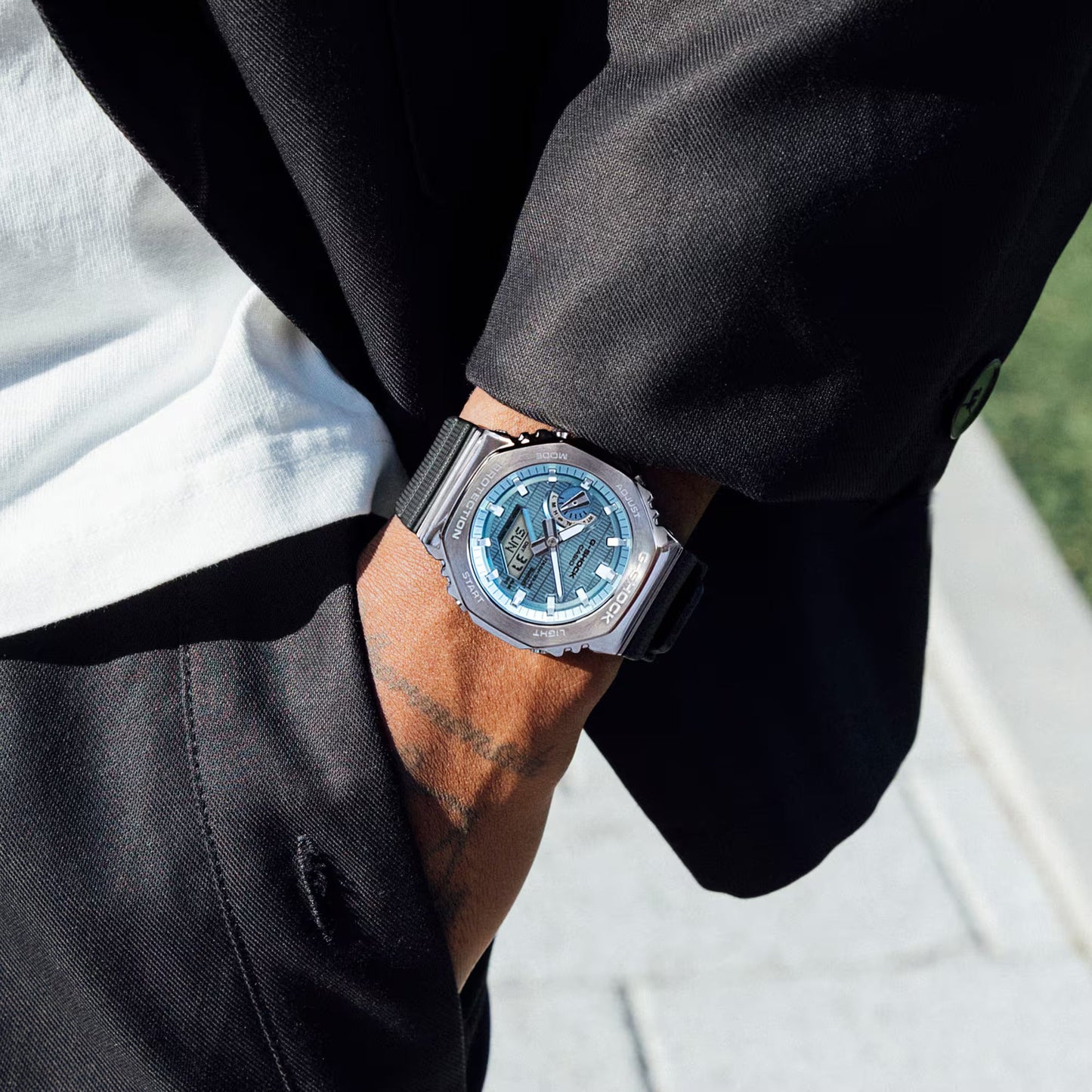 Casio G-Shock Solar Stainless Steel, Analog Digital with Ice Blue Dial/ Black Band Sport Men's Watch-GS-6447