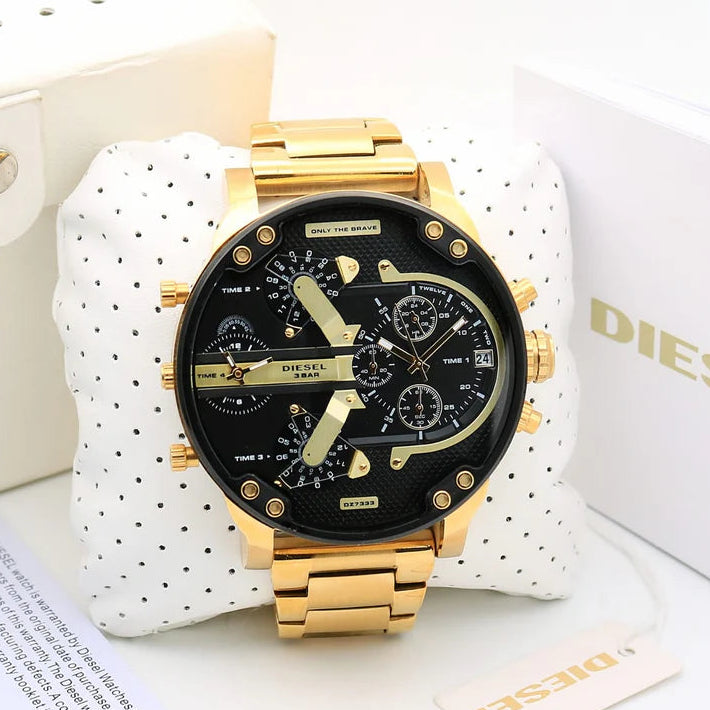 Diesel Big Daddy Multi-Function Chronograph Analog Black Dial Gold Strap Men's Watch DZ-8016