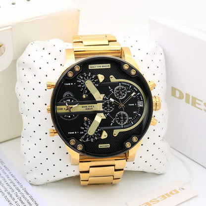 Diesel Big Daddy Multi-Function Chronograph Analog Black Dial Gold Strap Men's Watch DZ-8016
