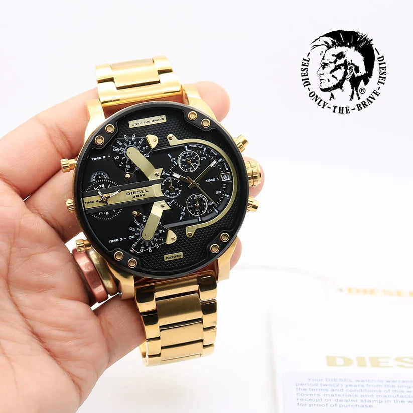 Diesel Big Daddy Multi-Function Chronograph Analog Black Dial Gold Strap Men's Watch DZ-8016