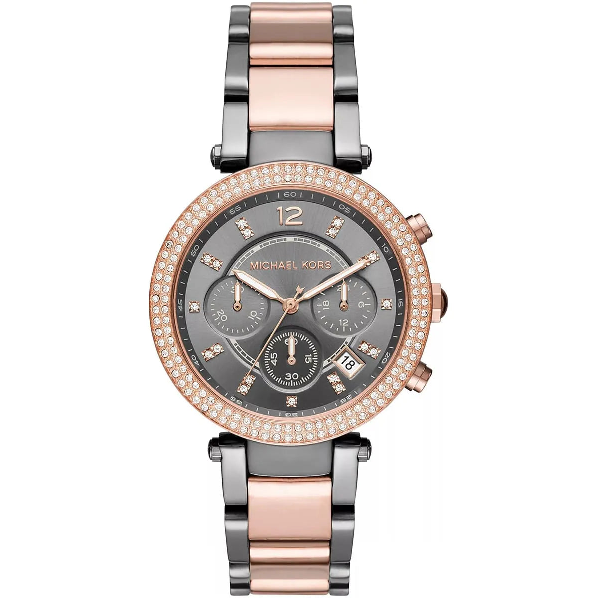 Michael Kors Two-Tone Strap Chronograph Women's Watch Black Dial Diamond Case MK-0125