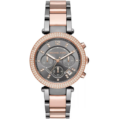 Michael Kors Two-Tone Strap Chronograph Women's Watch Black Dial Diamond Case MK-0125
