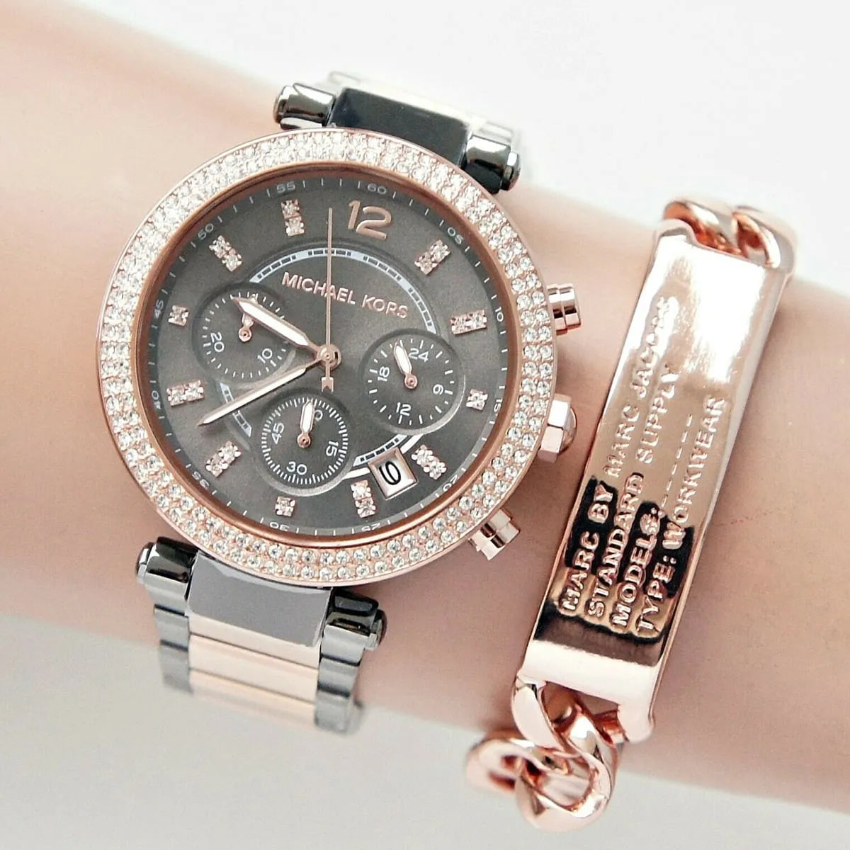Michael Kors Two-Tone Strap Chronograph Women's Watch Black Dial Diamond Case MK-0125