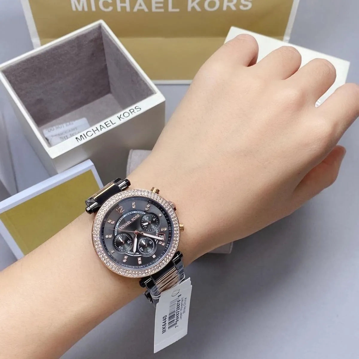 Michael Kors Two-Tone Strap Chronograph Women's Watch Black Dial Diamond Case MK-0125
