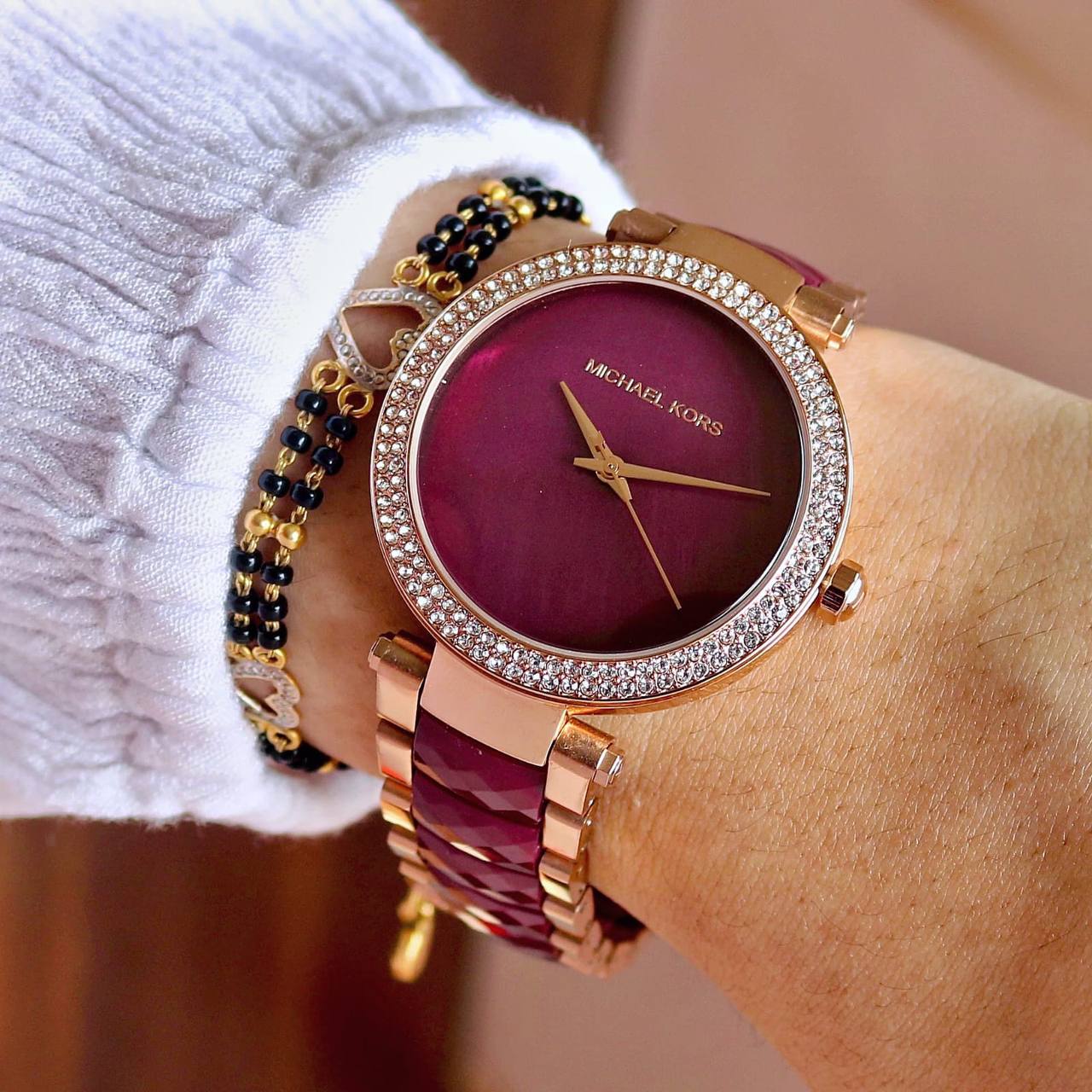 Michael Kors Parker Two-Tone Strap Chronograph Women's Watch Plum Acetate + Rose Gold Color Diamond Case MK-0133