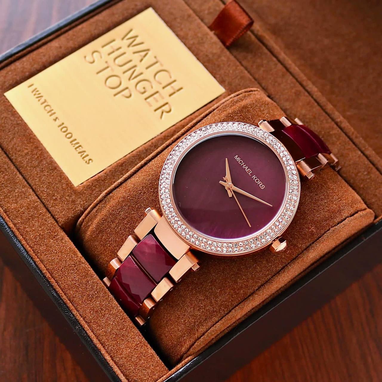 Michael Kors Parker Two-Tone Strap Chronograph Women's Watch Plum Acetate + Rose Gold Color Diamond Case MK-0133