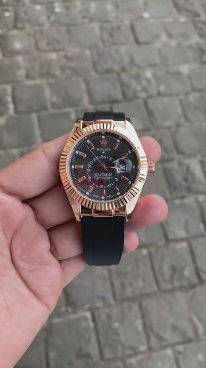 RLX Sky-Dweller Oysterflex RoseGold Color Black Strap Chronograph Men's Watch, Quartz Movement RLX-1239