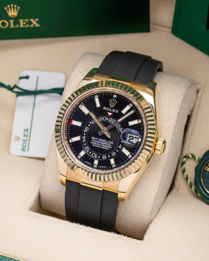 RLX Sky-Dweller Oysterflex Yellow Gold Color Black Strap Chronograph Men's Watch, Quartz Movement RLX-1238