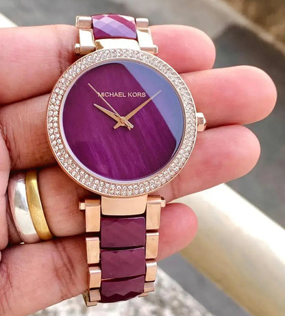 Michael Kors Parker Two-Tone Strap Chronograph Women's Watch Plum Acetate + Rose Gold Color Diamond Case MK-0133