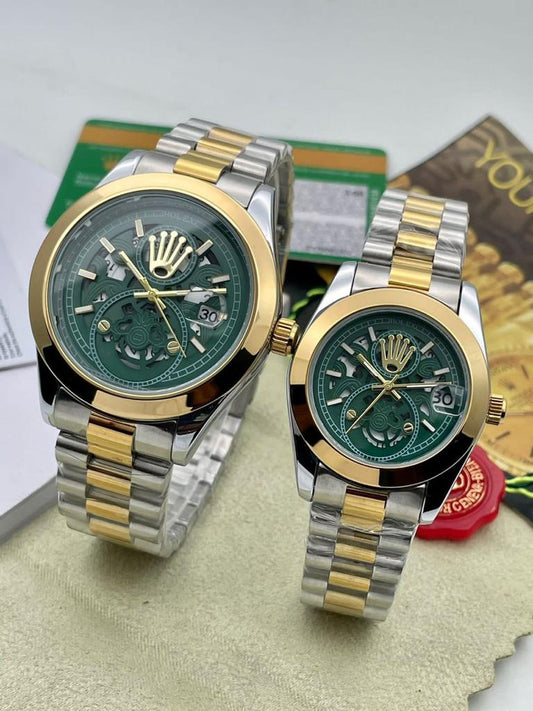 Analog Royal Deginer Couples Watch- Green Color Dial Stainless Steel With Gold Color Dated Watch For Couples -Best For Stylist Look For Couples- RLX-CPL-7902