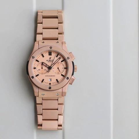 Hublot Big Bang Classic CHRONOGRAPH Magic Bracelet Strap Watch In Rose Gold And Rose Gold Dial Watch 45mm Round Big Bang 5, Formal Watch For Men's HB-RG-89