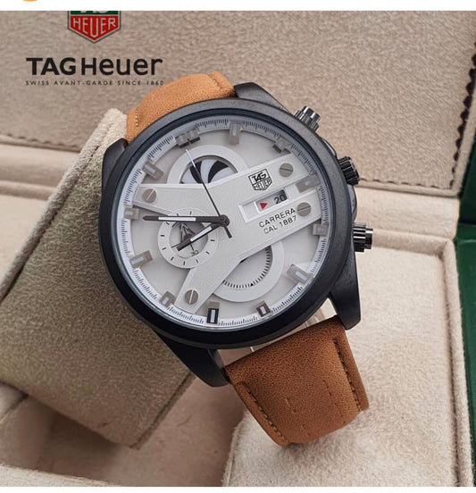 Tagheuer- Grand Carriera Cr7-Diagno TAG-1888-CR7 White Chronograph Multi Dial With Black Metal Case & Leather Strap Men's Watch - Best Formal Look Watch