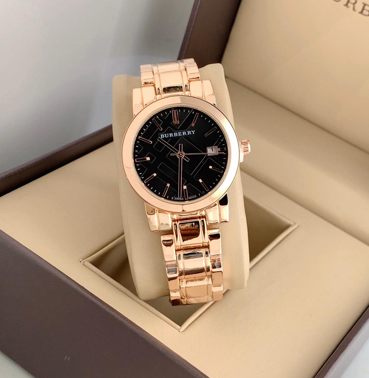 Women's BU-9046 Heritage Rose Gold-plated With Rose Gold Case And Black Dial Dated Stainless Steel Swiss Rare 35mm Women Wrist Watch