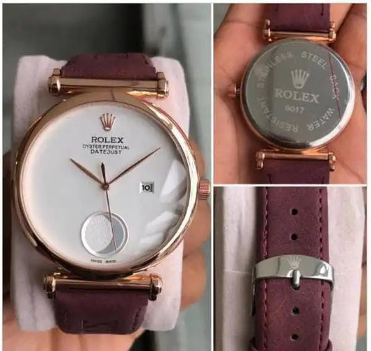 Leather Watch For Men's Casual New Trending style Watch White Dial With Gold Metal Case Best Gift Watch Rolex Maroon Leather Watch For Men's Casual New Trending style Watch White Dial With Gold Metal Case Best Gift Watch RLX-2-22