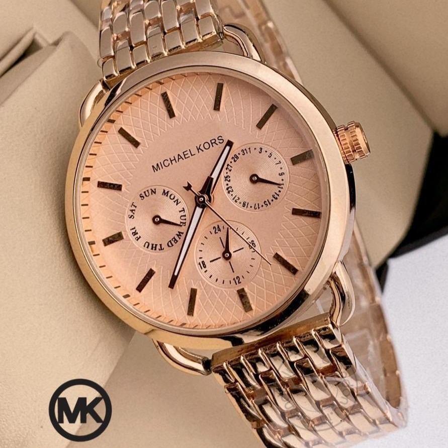 Gold Womens Mk-129 Watch For Girl Or Woman Rose Gold Dial Best Gift Day Date