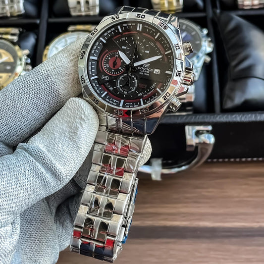 Casio Edifice Chronograph Watch With Silver Stainless steel Strap With Multiple Dial To World Times Men's Watch White And Silver Case EFR-8983cg