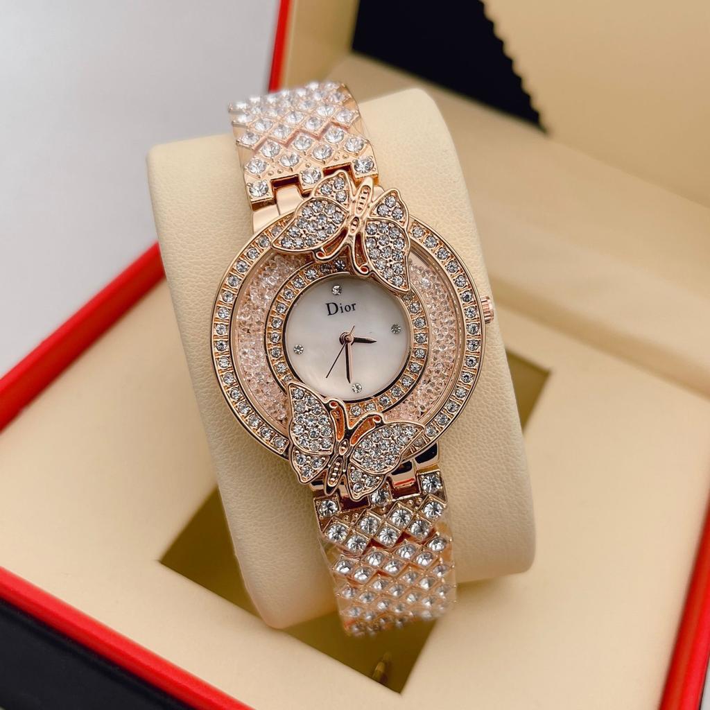 Designer Quartz Swiss made DR-890 Watch With White Dial Rose Gold Diamand cover strap And Butterfly design Case Watch for Women and Girls Vintage Collection- Best Gift