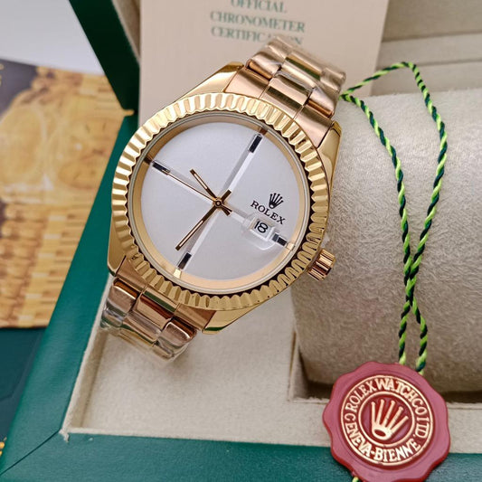 Rolex Analog Watch White Color Dial Stainless Steel With Gold Strap Dated Stainless Steel Watch For Men's -Best For Stylist Look_RLX-118238