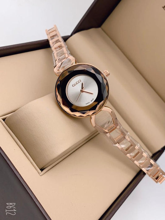 Gold Color Watch With White Dial With Brown Color Cristal Case Watch For Woman Or Girl Gold Strap Watch GC-6541