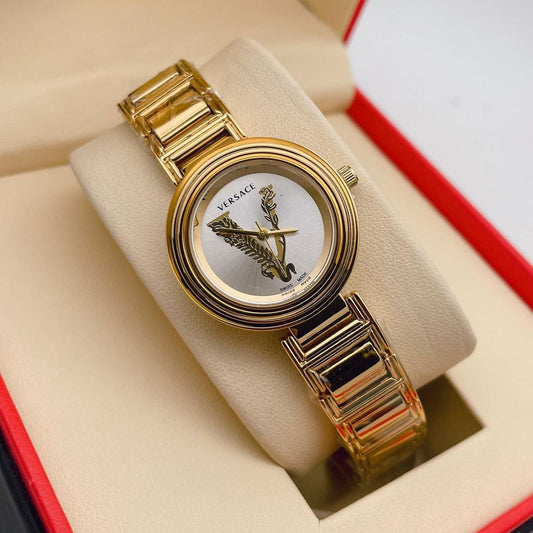 Branded Analog Gold Color Strap New Stylish Gold Color Case Women's Watch For Women And White Dial Stainless Steel Watch- Best for Casual Use VER-V-1017