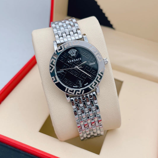 Branded Multi Color Silver Strap New Stylish Women's Watch For Women And Girls Black Dial Stainless Steel Watch _VER-8085