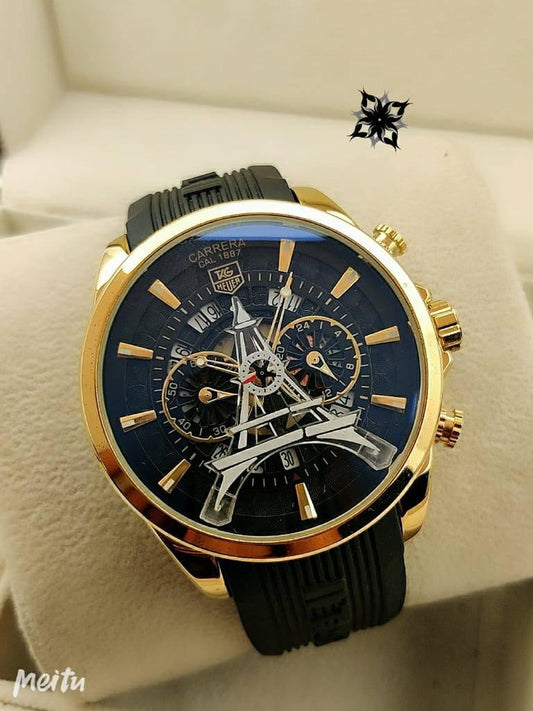 Tag Heuer Carrera Caliber Eiffel Tower Edition TAG-IT-77 Black Color And Sapphire Glass Watch Black Rubber Strap Chronograph Black Dial With Gold Case Watch For Men's __ Classy Look Watch
