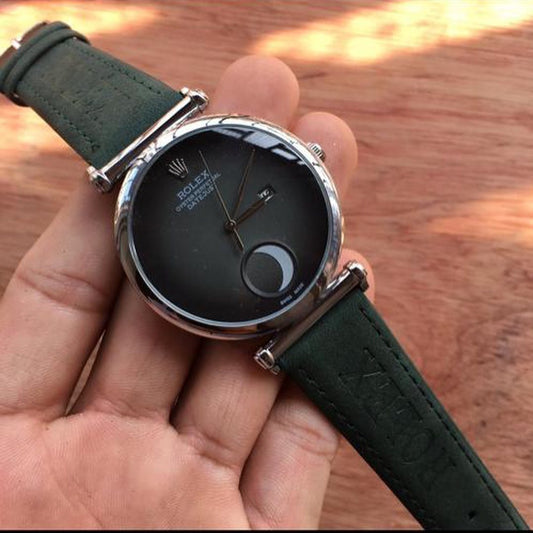 Green Leather Half Moon Watch For Women's Casual New Trending style Watch Green Dial With Gold Metal Black Case Date Women's Watch_ Best Gift Watch RLX-2-25