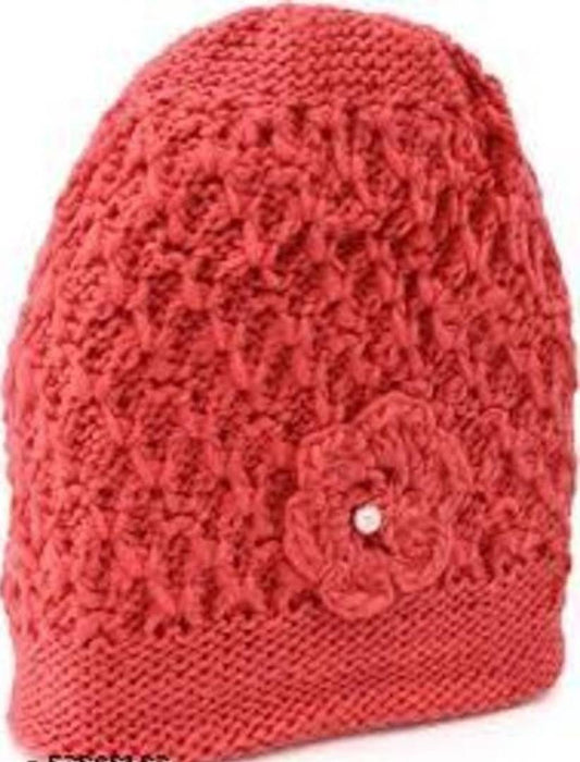 Red Solid Woolen Cap For Women